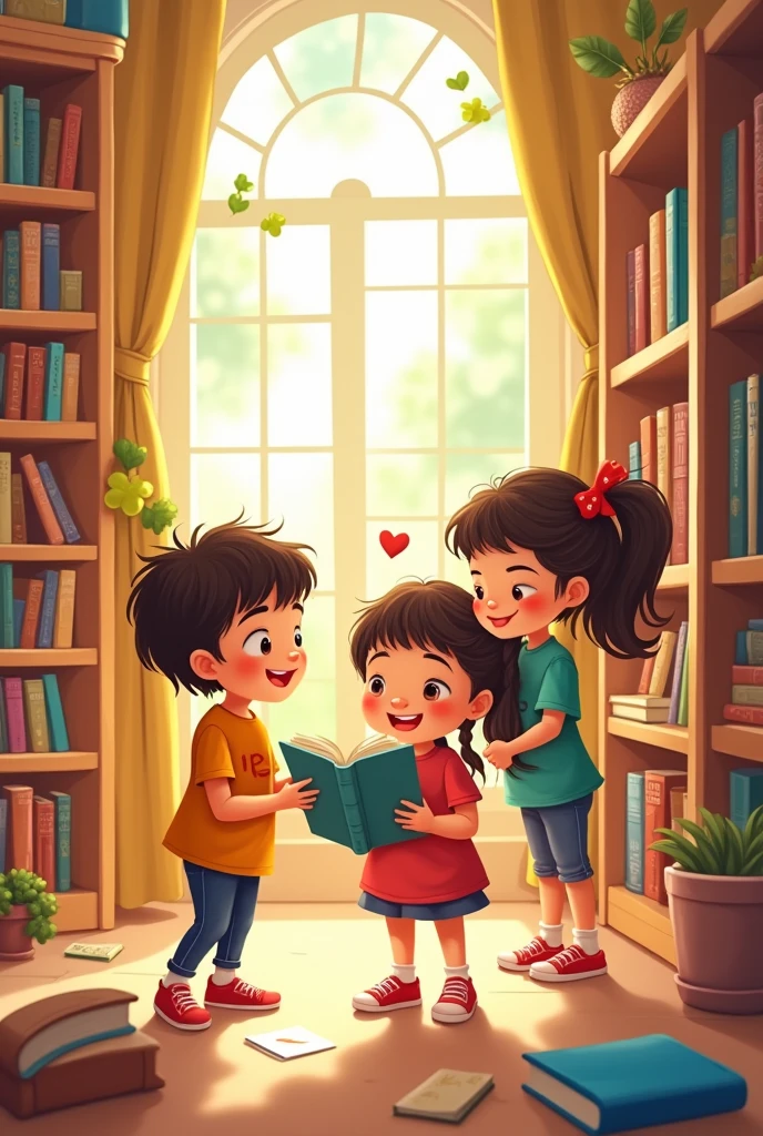 4 CHILDREN IN A LIBRARY IN CARTOON