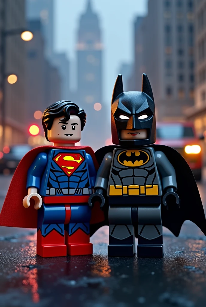 Superman and Batman in lego art, night