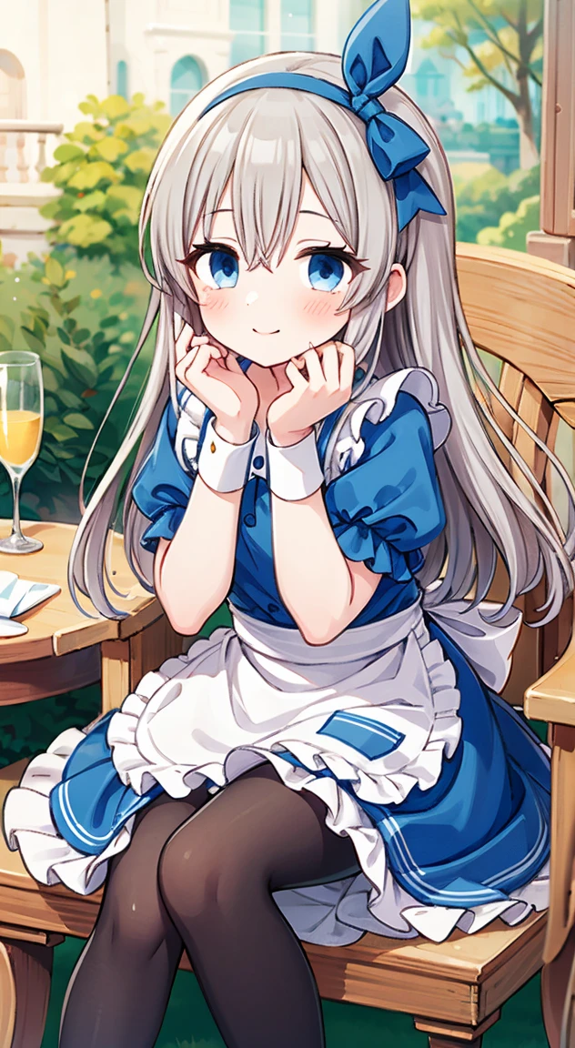 1girl, solo, long hair, blue eyes, blonde hair, crown, sitting, pantyhose, dress, bow, card, apron, hairband, playing card, looking at viewer, short sleeves, hair bow, blue hairband, smile, blush, hand on own face, blue dress, alice (alice in wonderland), hair between eyes, chair, black pantyhose, blue bow, throne, puffy sleeves, hand on own cheek, bangs, puffy short sleeves, ribbon, very long hair, mini crown, feet out of frame, frills, white apron, :q, masterpiece, best quality,