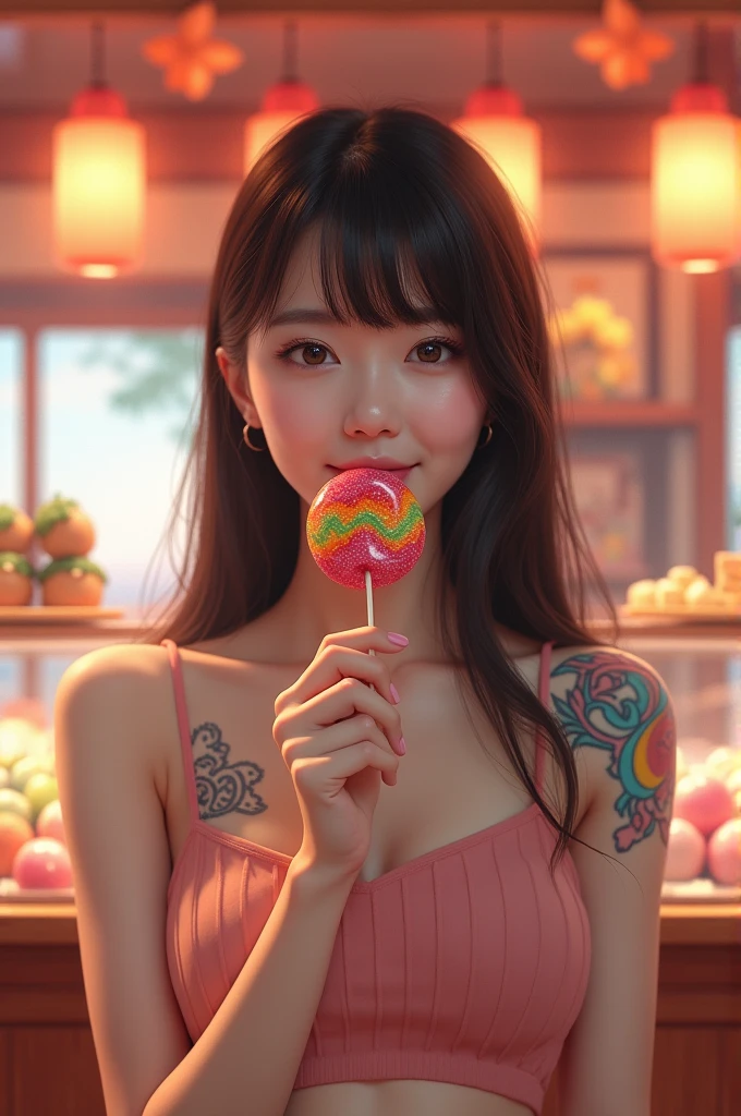 
Realistic image of a beautiful Korean woman, 20 years, straight hair side bangs, standing enjoying a lollipop, wearing a rainbow tattoo, blue jeans, smile facing forward, Japanese candy shop restaurant atmosphere, 8k, HD