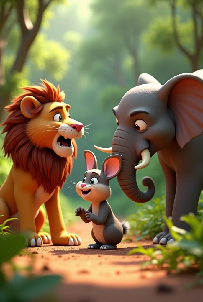 In 3d animation style"The rabbit, now laughing out loud, explains to the lion and the elephant that it ate all the food, showing its cleverness. The lion looks surprised and slightly annoyed"
