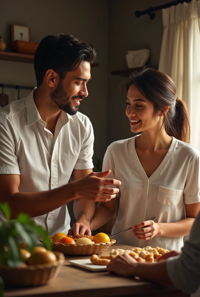 the young husband in white shirt talks to his wife to give food to the hungry man