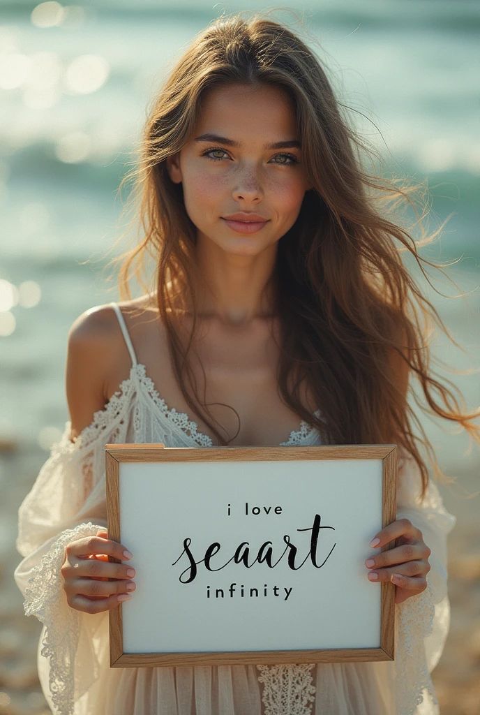 Beautiful girl with wavy long hair, bohemian dress, holding a white board with text "I Love Seaart Infinity" and showing it to the viewer