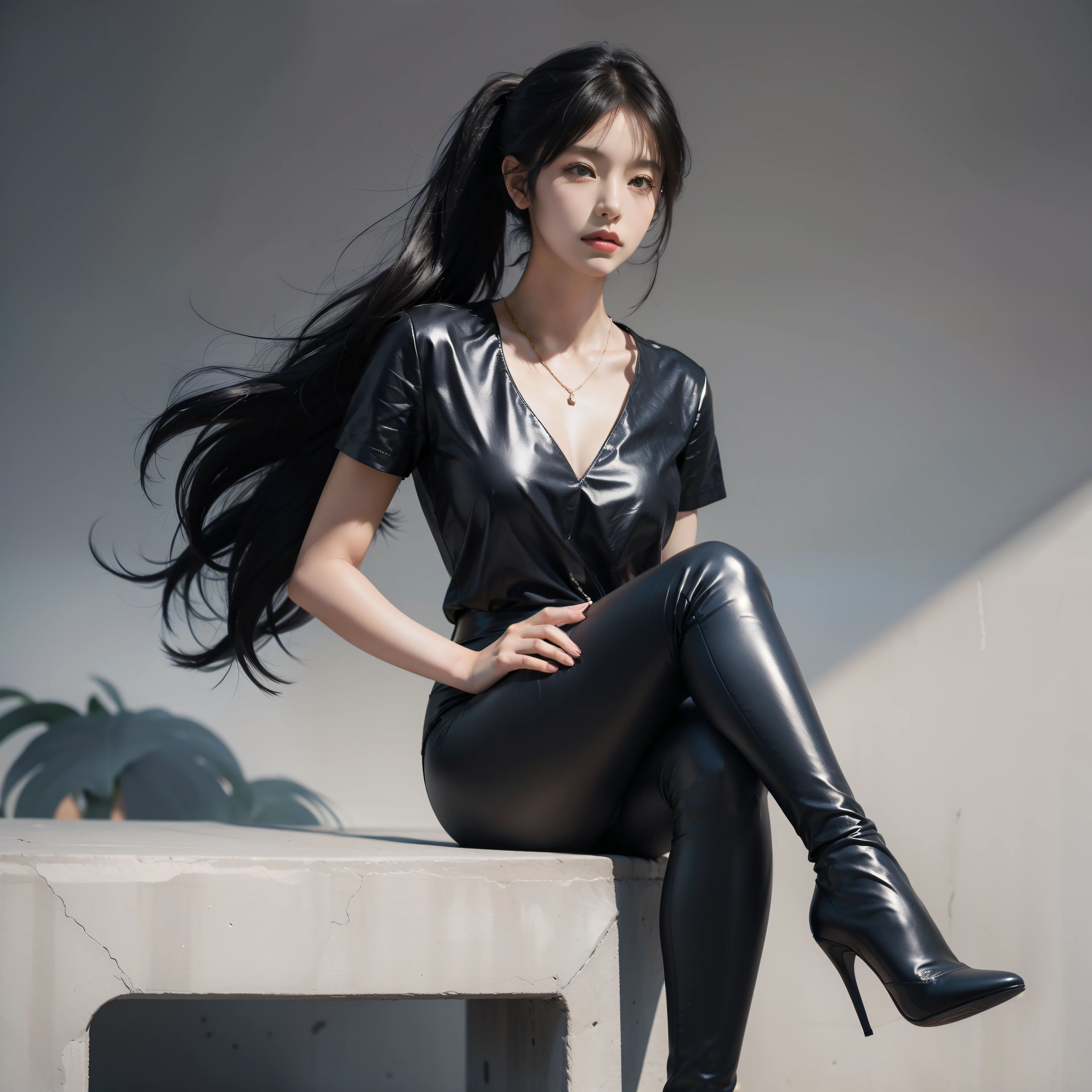 A digital illustration in anime style of a girl standing straight. She has long black hair styled in a ponytail and blue eyes. She is wearing a satin blouse, a black leather leggings, black high heels, and a delicate necklace. The girl should be looking directly at the camera, with her full body visible, including her high heels. The illustration should be ultra-realistic and high resolution (8K), with a clear and sharp depiction. The image should capture the girl's dynamic pose and stylish outfit, with an exquisite and beautifully detailed presentation.