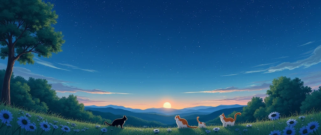 
One summer night,there were stars in the sky. hand drawn style,masterpiece,best quality, Cats Studio Ghibli Inspired