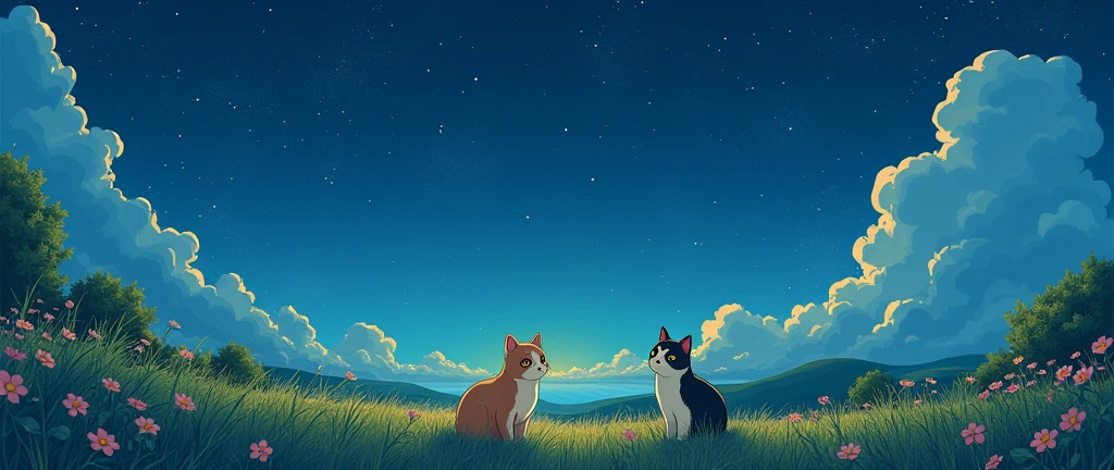 One summer night,there were stars in the sky. hand drawn style,masterpiece,best quality, Cats Studio Ghibli Inspired