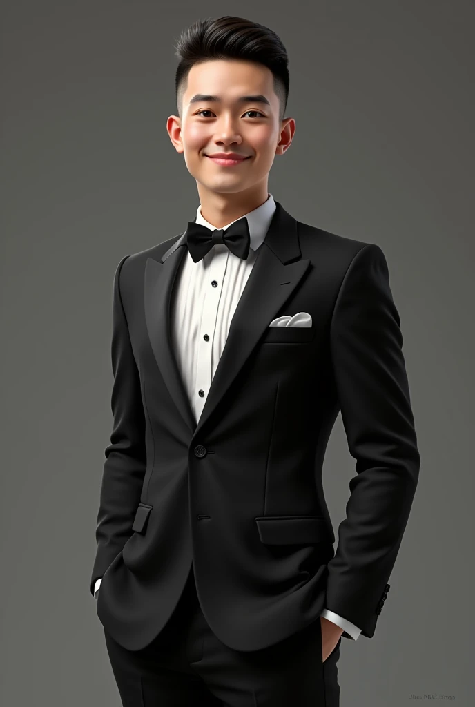 (photorealism:1.2),young man with so shortened hair wearing black tuxedo,standing and smiling 