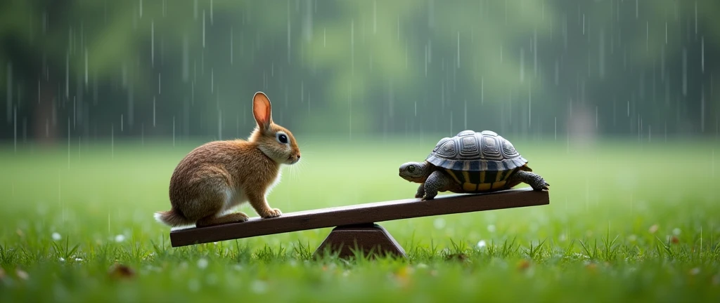 Large grassy park。it's raining。There is only one seesaw in the middle。 On that seesaw、A rabbit and a tortoise are playing facing each other. There are no humans around. The angle is far away. The tortoise is heavier on the seesaw.、Realistic photo of the hanging
