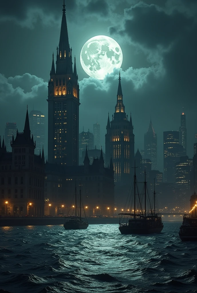 Gotham city skyline, night, full moon, Gotham city viewed from across the harbor, buildings lit up, Gothic architecture, tall spires, Anton Furst style, Batman 1989 Gotham, clouds in the sky, dark night, wide angle lens 