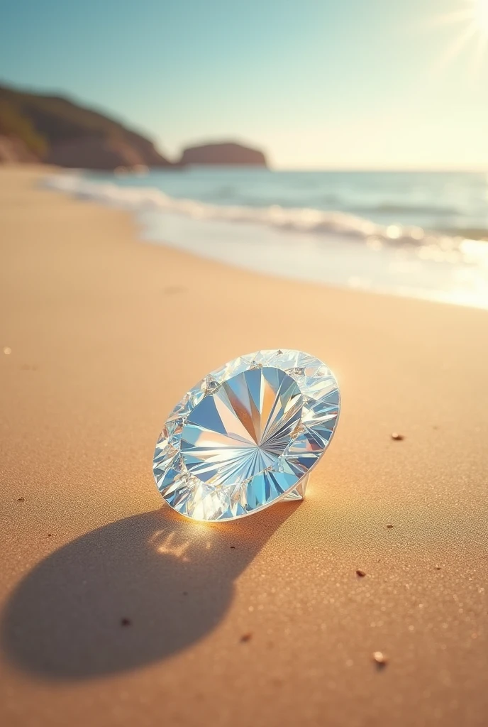 A Diamond in the sand of a beautiful beach, Magic place, ultra highly detailed, high qualiy, pastel colours, High definition.