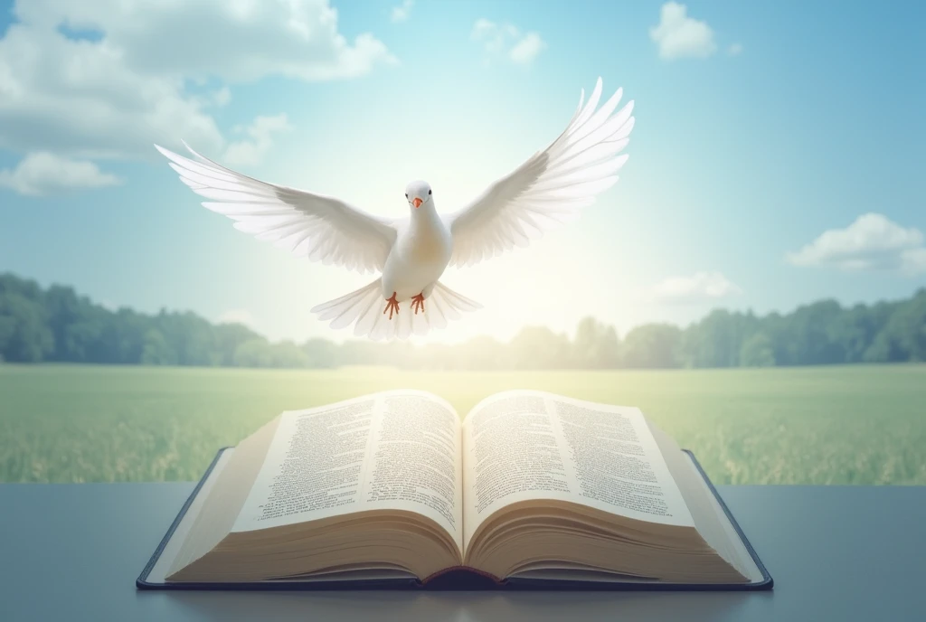 Background image: Use a serene and inspiring image, such as a sky at dawn or a calm field, that conveys peace and protection. Central element: Place an open Bible in the center of the image. Add a white dove (🕊️) flying above the Bible to symbolize peace and divine protection. Use soft, harmonious colors such as light blue and white to convey tranquility and spirituality. Make sure the text has a good contrast with the background for easy reading. Add a light glow around the Bible and the dove to give it a heavenly touch and draw the viewer’s attention.