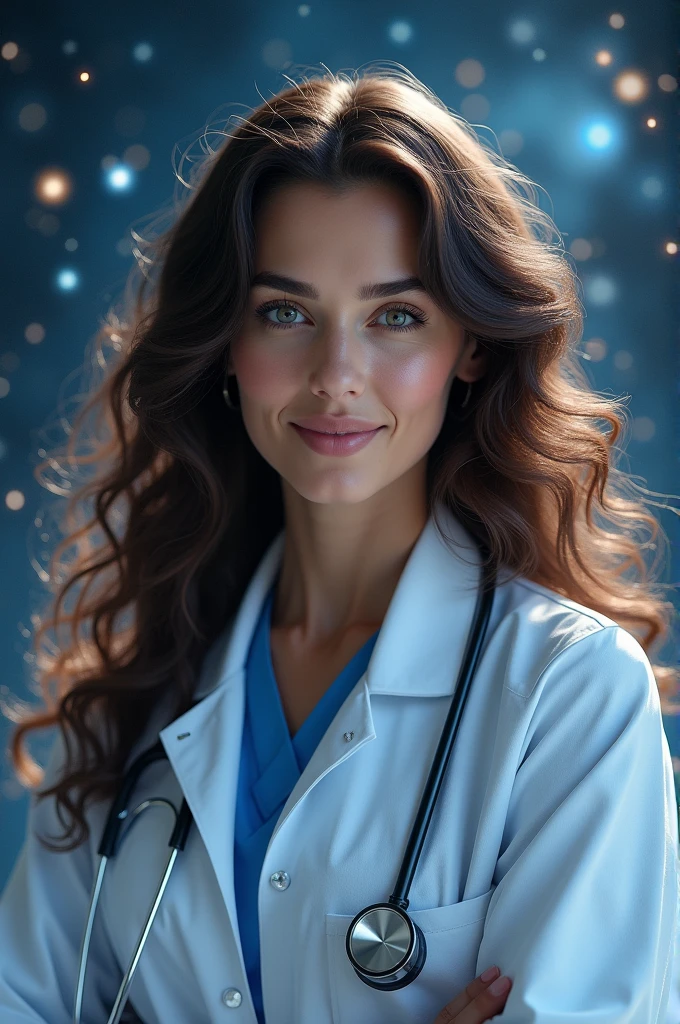 A brunette with long curly hair in a doctor&#39;s uniform the brightness of distant stars  