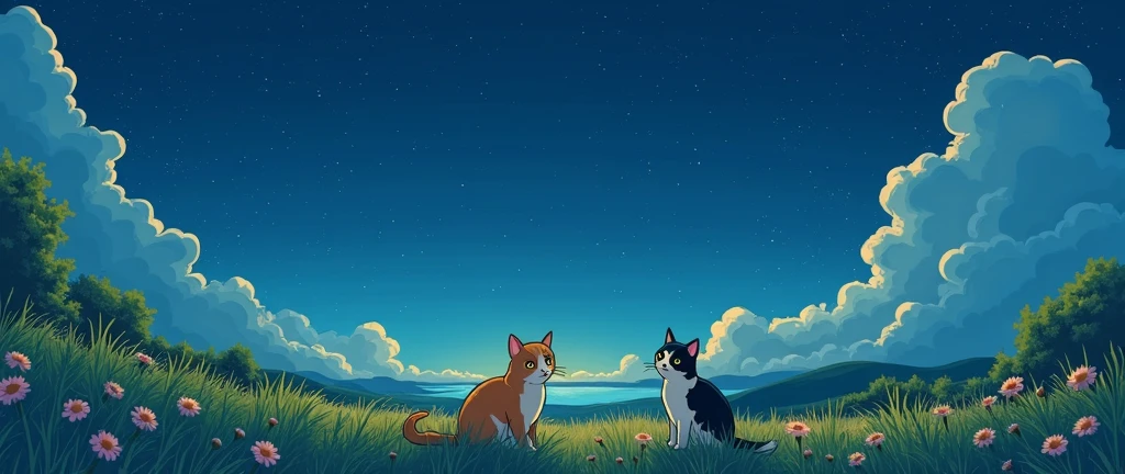 
One summer night,there were stars in the sky. hand drawn style,masterpiece,best quality, Cats Studio Ghibli Inspired