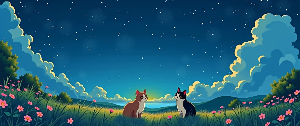 
One summer night,there were stars in the sky. hand drawn style,masterpiece,best quality, Cats Studio Ghibli Inspired