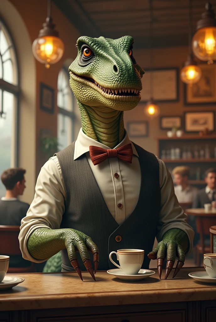 A T-shaped dinosaur wearing a vest and bow tie stands behind the counter of a classical cafe.、The staff will hand you a cup of drip-brewed coffee at a leisurely pace.
