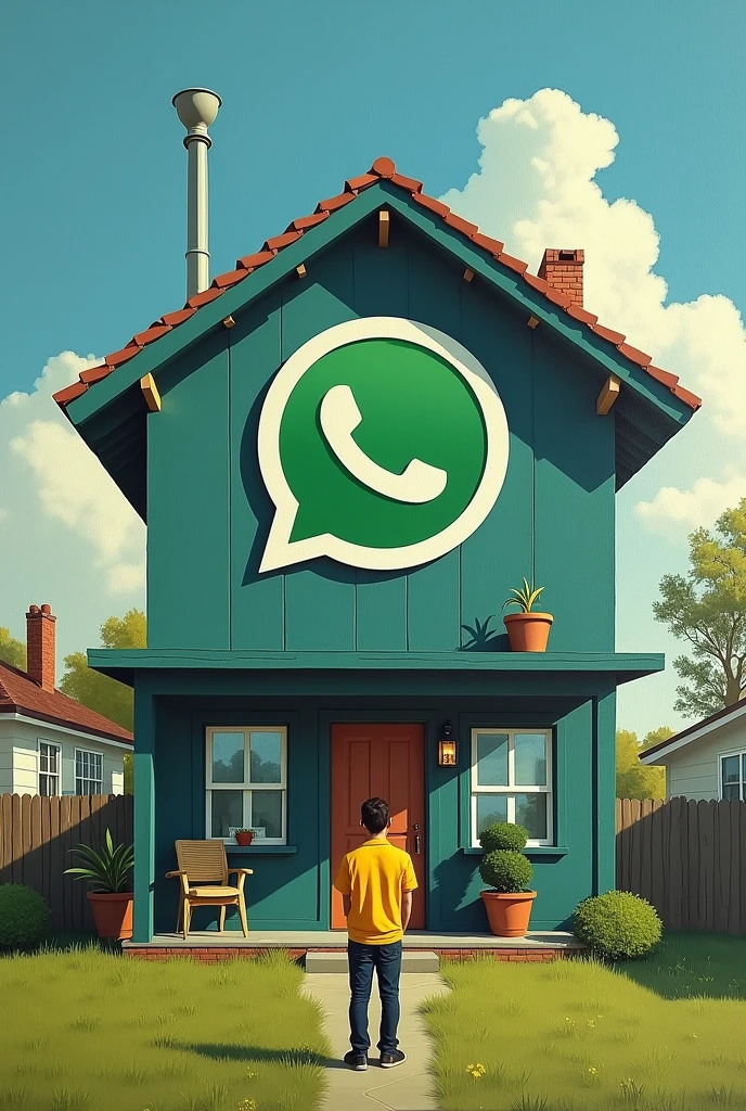 House style whatsapp app. Paint the walls with the WhatsApp application symbol. Place the resident on the lawn wearing a yellow shirt and crying. The house must be shaped like the app . The property interface will be the application itself. More features of the application. The house is the app.