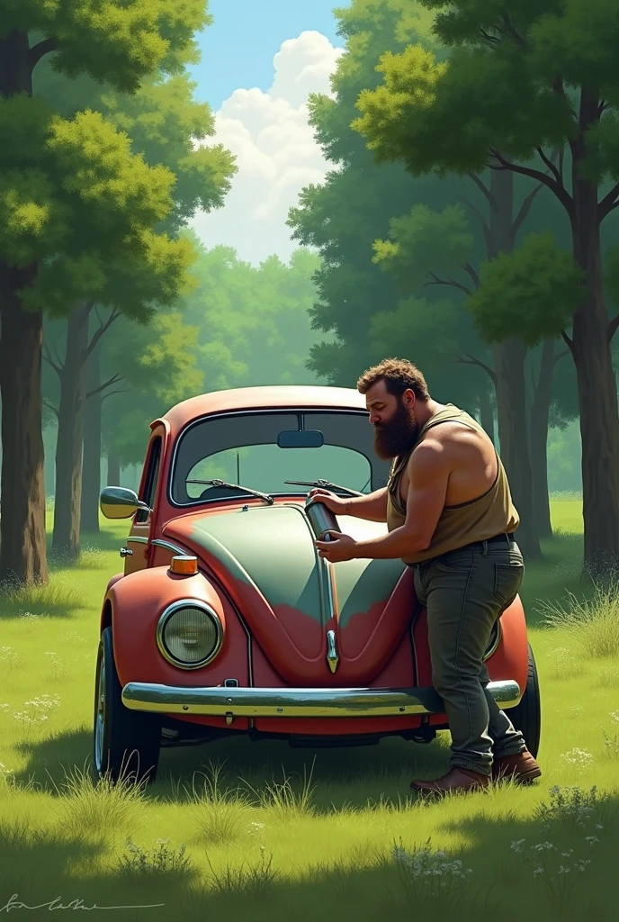 Create for me an image of a short person with a semi-robust physique and a long beard, that he is painting a black VW Gol Power type car from 2015 with a spray can in the middle of a field between trees
