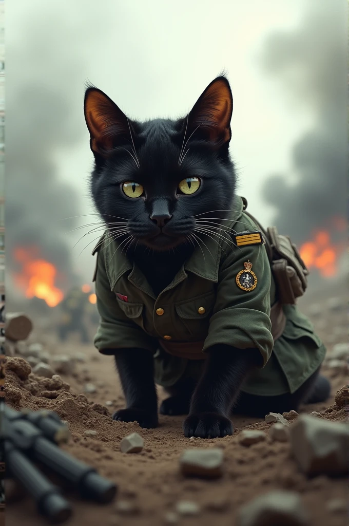 Image 2**: The same black army cat weaing a army dress in the middle of a battlefield. There is smoke, debris, and chaos around, with the cat taking cover and preparing to move forward, symbolizing its bravery and commitment.