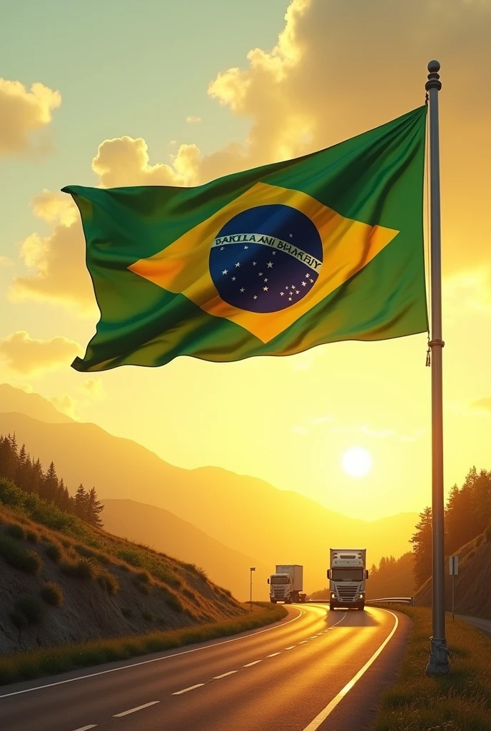 a pole with a Brazilian flag in a landscape with a yellowish and white sunset and on the road with trucks. the image has to be super realistic