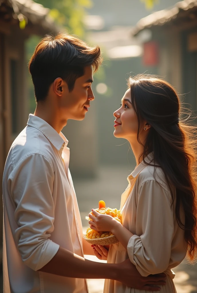 the young husband in white shirt talks to his wife that has long hair to give food to the hungry man