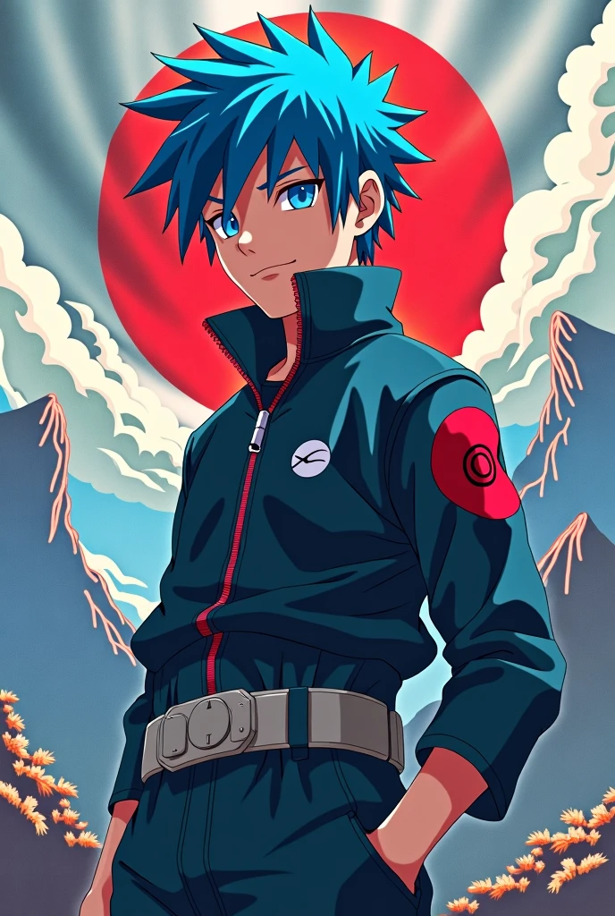 Avatar anime, naruto style, , King staying blues hair, śmiałe, in the background have to be Japan logo thunder