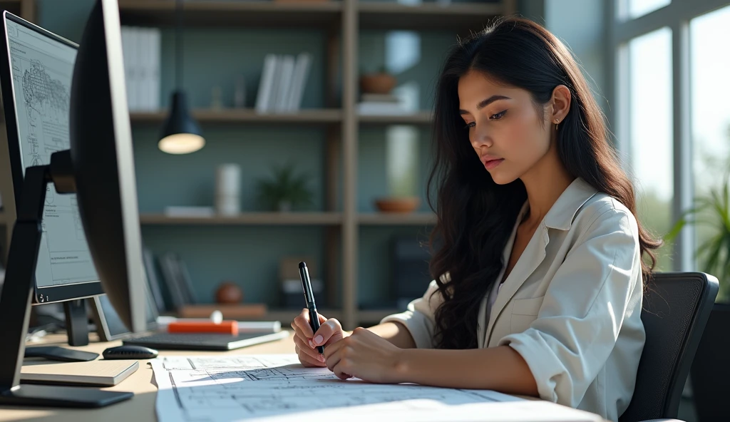 Beautiful Spanish woman, she is an engineer and is working, extremely detaild, photoshot_\( ultra\), photoshotrealisitic, realisitic, Post-processing, Maximum details, roughness, real-life, ultrarealisitic, photoshotrealism, photoshotgraphy, 8k hd, photoshotgraphy