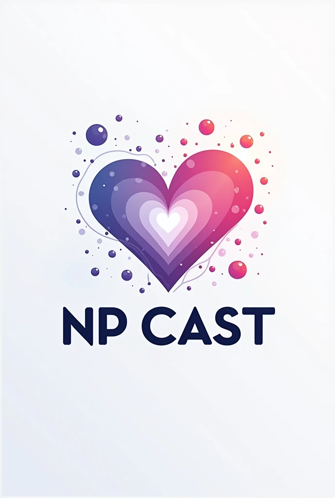 You are a professional designer in making high-end, eye-catching logos., Create a logo with the name NP CAST, with a digital heart and the name in the middle With several bubbles spread out  