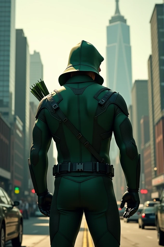 put the green arrow represented by spephen amel in the photo standing with his back turned looking at the city