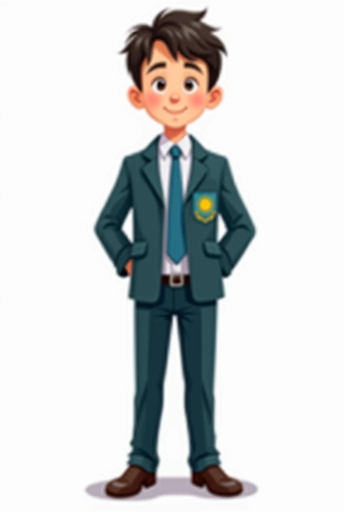 ((officially)) ((masterpiece)) ((Best quality)) ((detailed)) cartoon boy boy in school uniform with emblem flag of Kazakhstan on pocket on white background in full growth