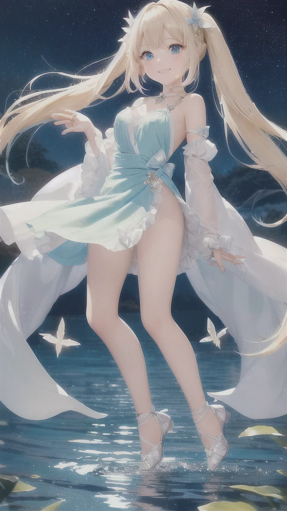 One girl, Fairy、Blonde, Hair blowing in the wind, His heterochromatic eyes sparkle with excitement、Cute smile、Immature body、Four iridescent wings on the back、Wrap your body in a long, thin, light green sheet.、Moonlight flickers on the lakeside、Flying in the air、Creating ripples by placing your feet on the lake surface、The one and only dancer、