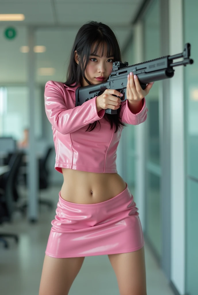 beautiful sweet office lady chinese latex pink mini skirt standing legs spread hip shoulder firing rifle gun toting force grip aiming side target
