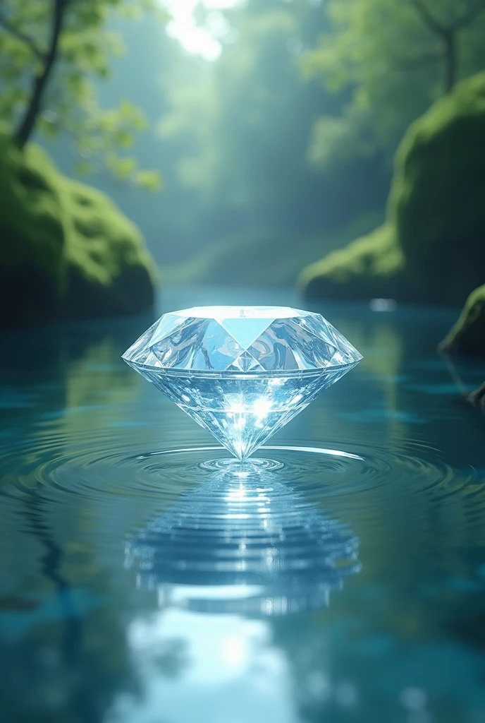 A Diamond in the water of a beautiful place, Magic place, ultra highly detailed, high qualiy, pastel colours, High definition.