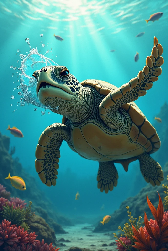 Drawing of a turtle swimming sideways in terror with a plastic bottle covering its mouth, 