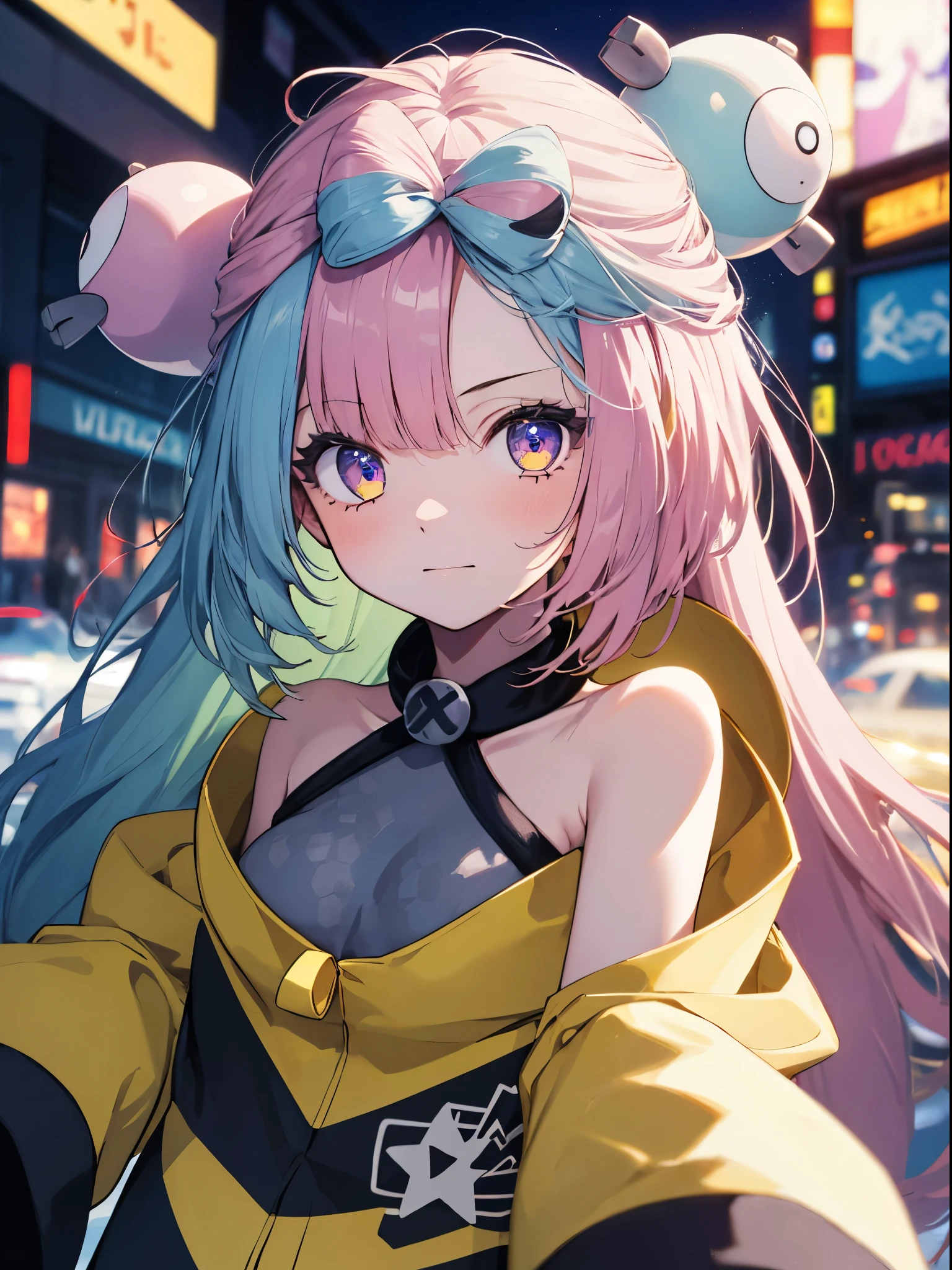 masterpiece, Highest quality, Perfect Face, Highest Resolution, Highest quality,Detailed depiction of the eyes, 8k, One Girl, Long Hair, Yellow Jacket, Long sleeve, hair ornaments, Future City, neon street