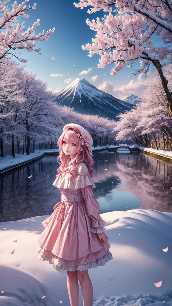 Surrealism、masterpiece、best quality、Film Grain、Magnificent views、Snow like cherry blossom petals、Light pink scenery、Snow Scene、Cherry Blossom Blizzard、