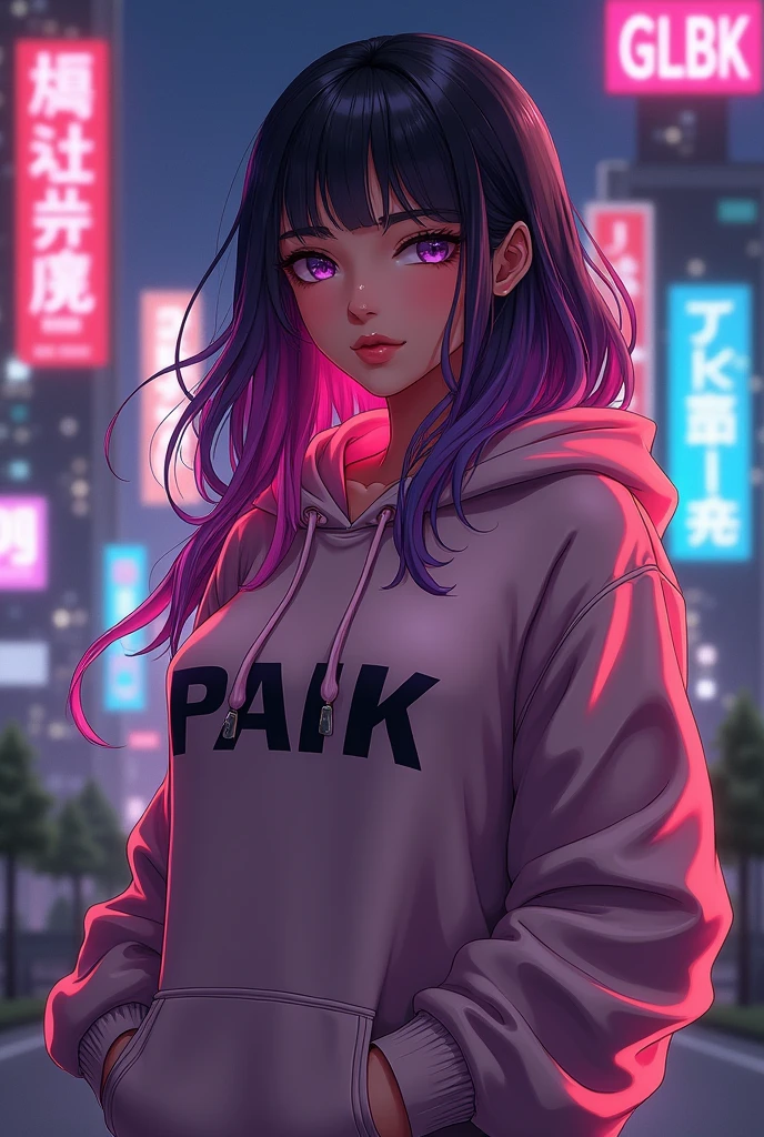 Create anime character; {background: HD capital text: “GLBK” in right-top, night}, tanned skin, realistic, HDR, beautiful, japan style, full body, perfect ultra boobs, age 20, hoodie HD text: “Paik”, female, color Gradient hair, long hair