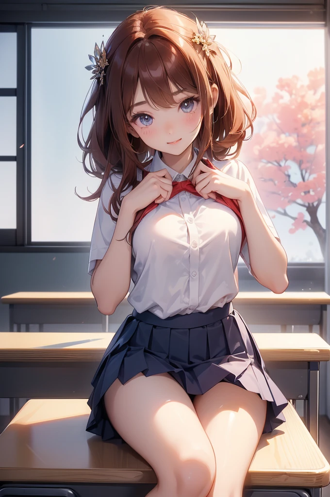 (masterpiece、Best image quality、High Quality Score:1.3)、(Crisp image quality)、Perfect beauty: 1.5、Brown haired、(Japanese School Uniform)、Sailor suit、(Fluttering skirt)、Red hair ornament、Beautiful girl、cute、The best smile、(No background)、(Pure white background)、(Physical Education Classroom Lessons)、Fancy panties、Perfect Proportions,One Woman、、Dark blue pleated skirt、