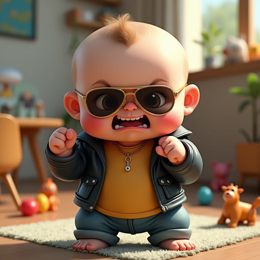 怒ったイケイケ赤ちゃん: "A hyper-realistic image of a chubby baby with round cheeks, wearing tiny aviator sunglasses, its face contorted in an adorable yet fierce expression of anger. The baby is dressed in a mini leather jacket and holding a tiny fist up, as if ready to fight. The background is a modern playroom with colorful toys scattered around, emphasizing the cute yet tough attitude."