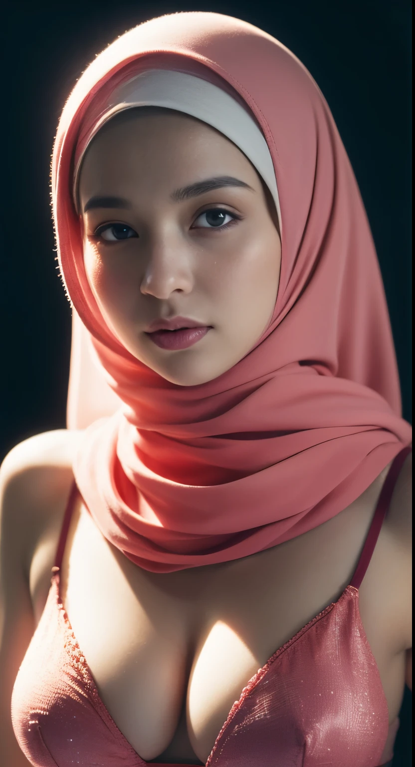 colorful Red strawberry pattern Bra and underware, cyberpunk, as like face girl, (((pink hijabi))), Red lips, visible cleavage, Shooting from below, reflection light, chiaroscuro, depth of field, cinematic lighting, ray tracing, Sony FE GM, UHD, super detail, masterpiece, textured skin, high details, best quality, award winning,3D,hdr(HighDynamicRange),Ray tracing,NVIDIA RTX,Hyper-Resolution,Unreal 5,Subsurface scattering、PBR Texture、post-proces、Anisotropy Filtering、depth of fieldaximum definition and sharpnesany-Layer Textures、Albedo e mapas Speculares、Surface coloring、Accurate simulation octane rendering of light-material interactions、Two-colored light、largeaperture、Low ISO、White balance、the rule of thirds、8K raw data