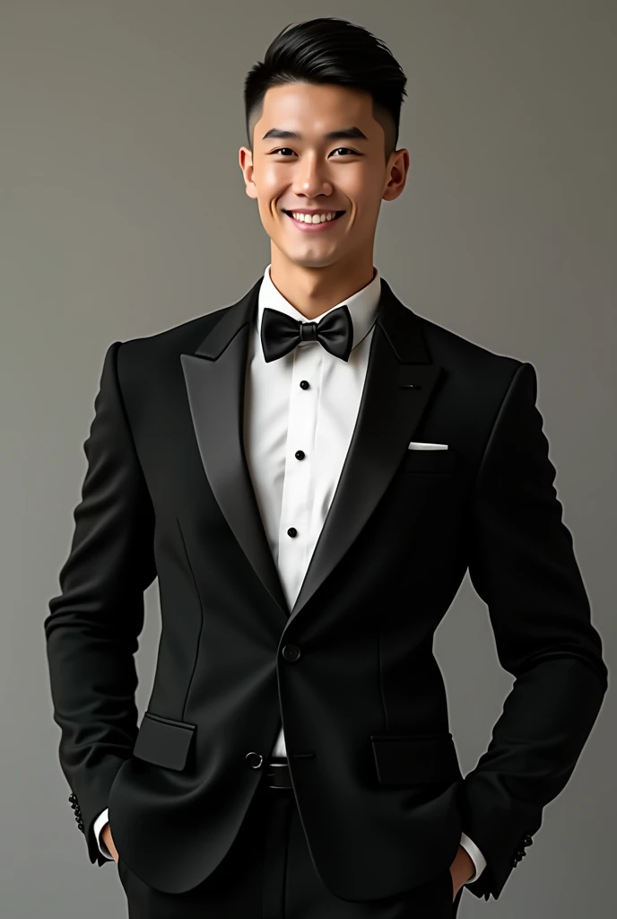 (photorealism:1.2),young man with so shortened hair wearing black tuxedo,standing and smiling