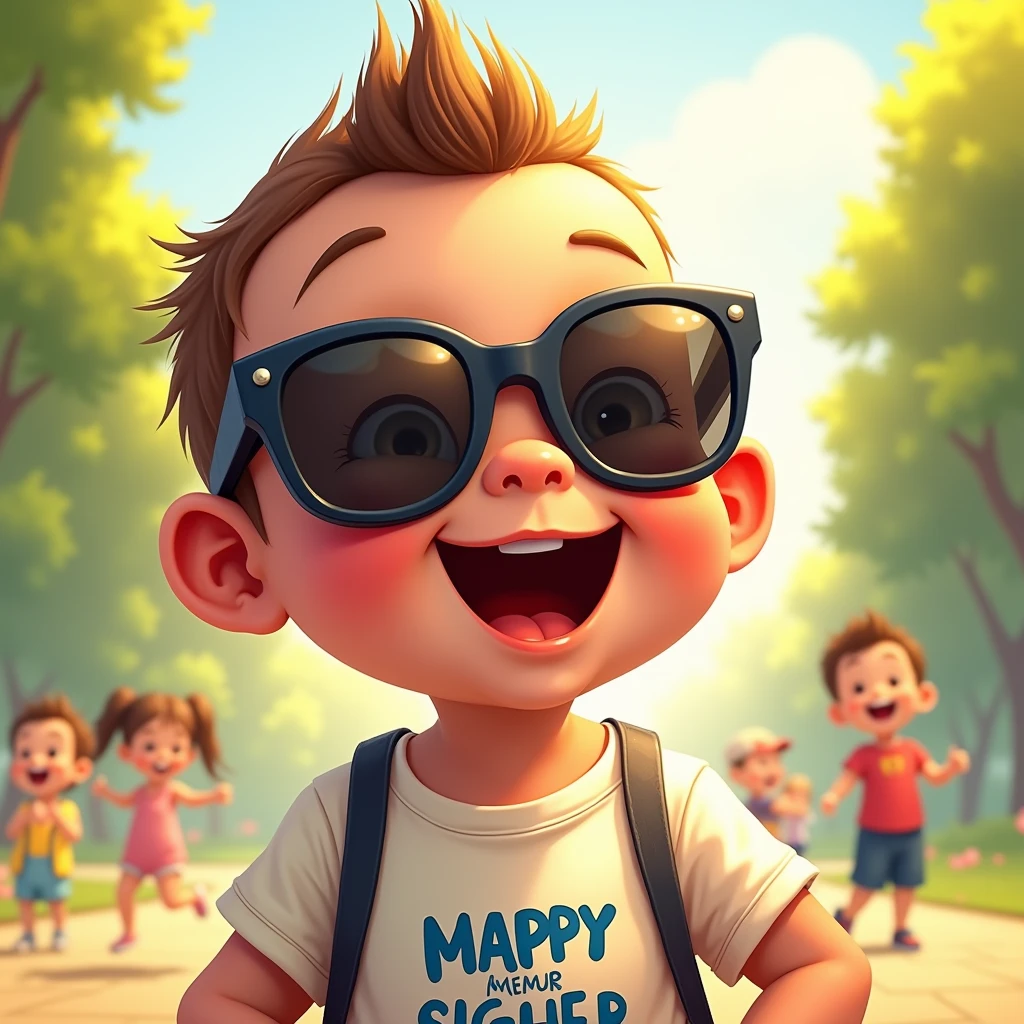 笑っているイケイケ赤ちゃん: "A highly detailed close-up illustration of a giggling baby with a big smile, wearing oversized, reflective sunglasses that almost cover its little face. The baby is dressed in a tiny graphic t-shirt with a cool slogan, and the background is a bright, sunny park with other kids playing in the background, capturing a joyful and playful atmosphere."
