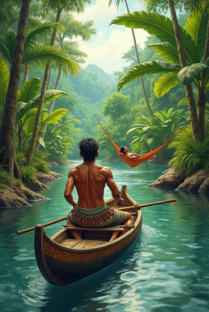 Illustrative drawing of an Indian in a Canoe,  a cassava plantation,  one resting in the hammock , guarana,  Dance...