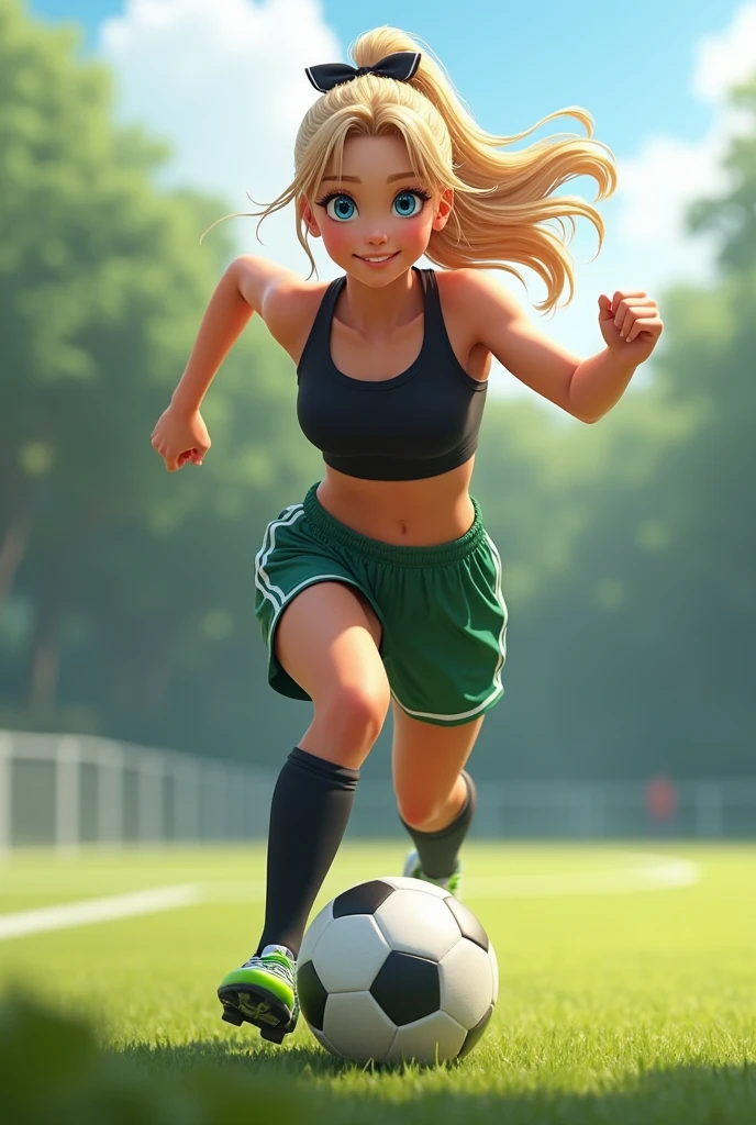 Photorealistic, Beautiful, white, female, young teen, long blonde hair tied into a loose ponytail with a black bow, sky blue eyes, smiling, wearing black sports bra, wearing green soccer shorts, wearing knee high black socks, wearing green and white soccer cleats, running on soccer field, kicking soccer ball