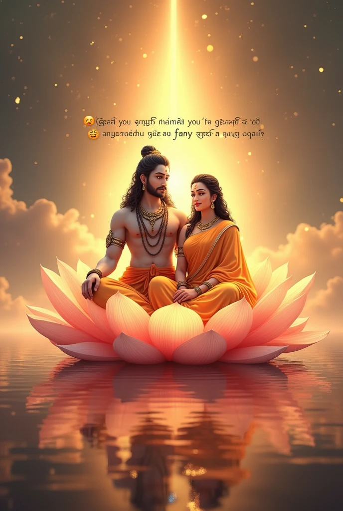 "Create an image of Shree Narayan (Lord Vishnu) and Mata Laxmi sitting on a lotus, surrounded by a divine aura. The background should be a serene, celestial scene with soft golden light. In the center of the image, include a motivational quote in Hindi: 'धैर्य, श्रद्धा और समर्पण ही जीवन की असली पूंजी है।' Use elegant Devanagari script for the text. Add relevant emojis, such as 🙏, 🌸, and 💫, around the text for emphasis."