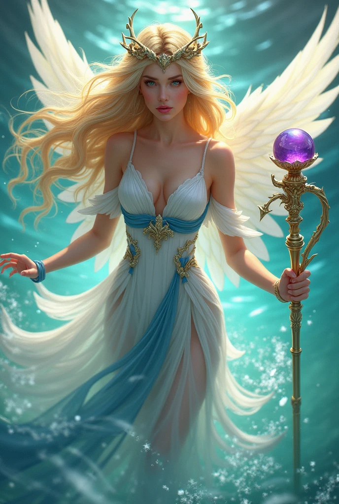 A woman with flowing blonde hair and a white dress with a blue design is standing in a swirling sea of turquoise water, she have a blue sash dress design and white and blue small wings on her shoulders. She is holding a golden staff like sphere with a purple orb on top. The woman is looking at the viewer with a determined expression. The scene is lit by a soft, golden light. The woman is a goddess of the sea. She is also wearing a gooden crown
