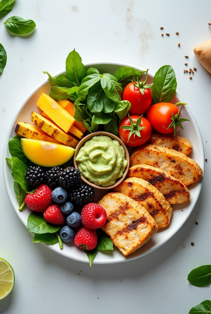A colorful plate with fruits, Vegetables and lean proteins.