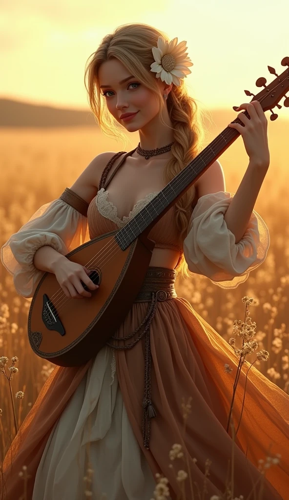 Human female from baldur's gate, best quality, ultra-detailed CG unity 8k wallpaper, playing a lute, high resolution, dynamic pose, beautiful face, (medieval bardic attire, layered dress,white flower, hair ornament, blue eyes, (choker), bare midriff), depth of field, sunny plains, magic light), flirtatious smile, (high fantasy)