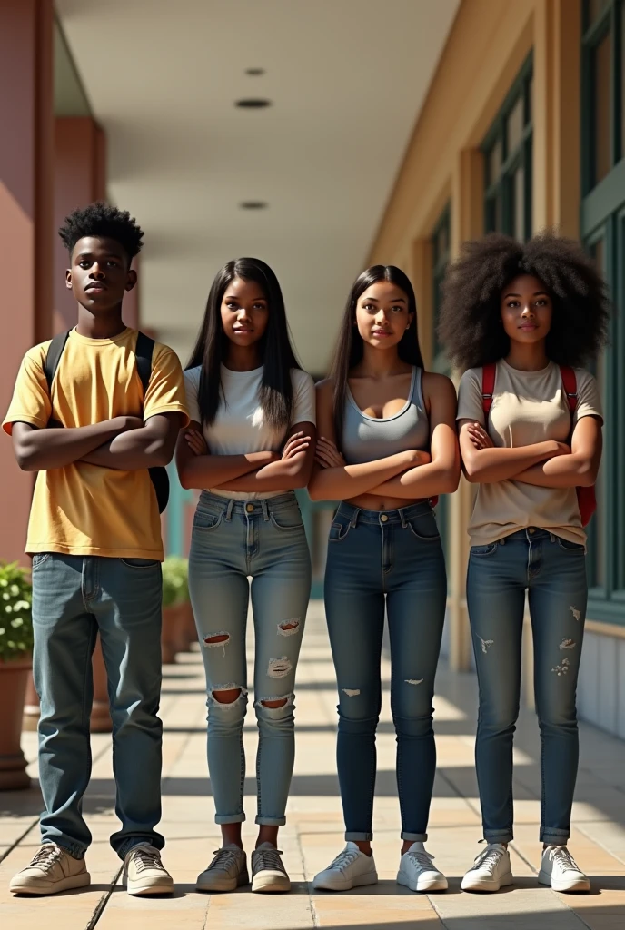 (photorealism:1.2), Two black boys and two girls. They are sixteen years old. They stand beside each other in a university background. The four of them crosses their arm and they stand beside each other.
