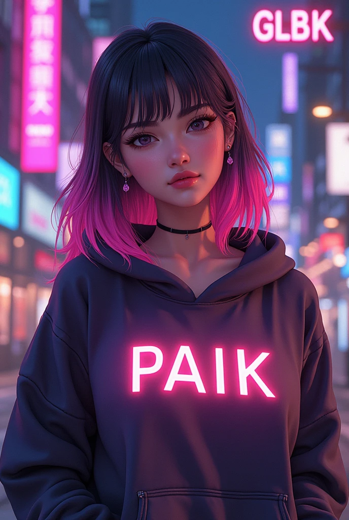 Create anime character; {background: HD capital text: “GLBK” in right-top, night}, tanned skin, realistic, HDR, beautiful, japan style, full body, perfect ultra boobs, age 20, hoodie HD text: “Paik”, female, color Gradient hair, long hair