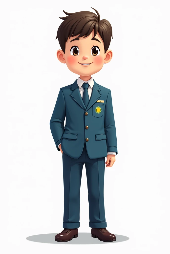 ((officially)) ((masterpiece)) ((Best quality)) ((detailed)) cartoon boy schoolboy in school uniform with emblem flag of Kazakhstan on pocket on white background in full growth